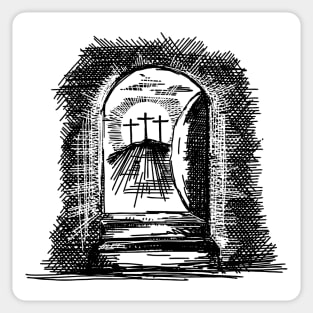 A glimpse from the empty tomb of Jesus Christ. The morning of the resurrection Sticker